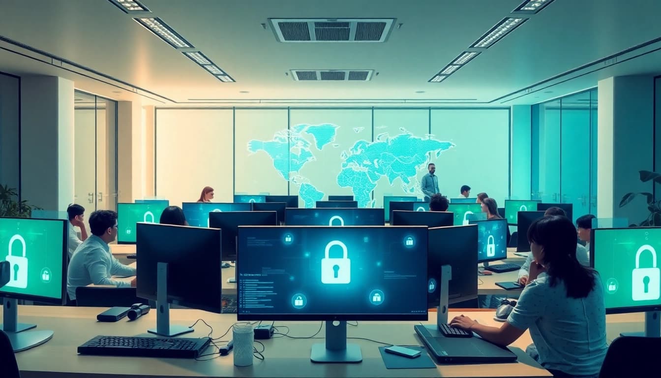 Visual representation of 快连官网 showcasing a modern, high-tech workspace with individuals using devices for global connectivity and secure internet access.