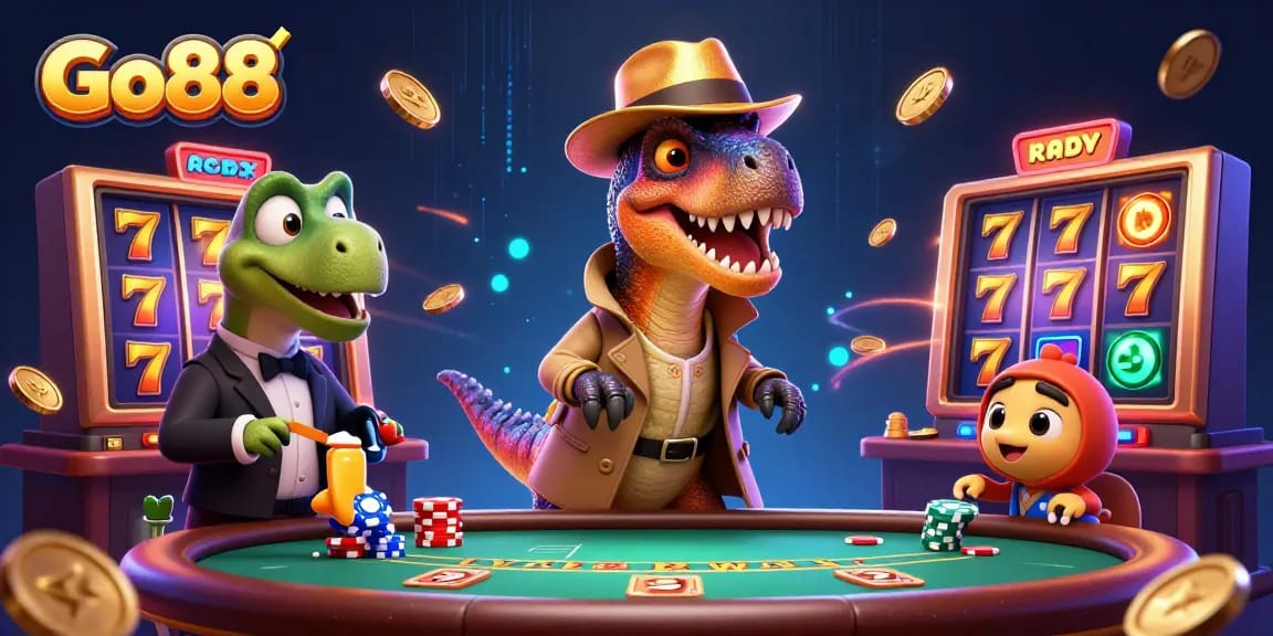 Go88 slot scene featuring a velociraptor at a blackjack table, surrounded by gold coins and jackpot reels.