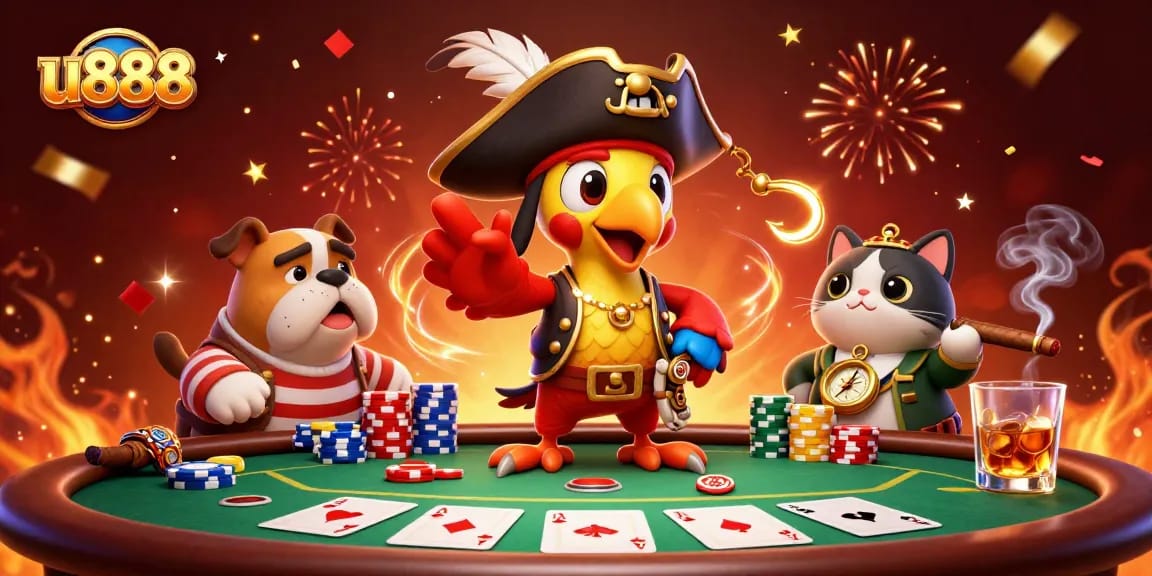 Engage in vibrant casino action with u888's animated pirate-themed characters and poker elements.