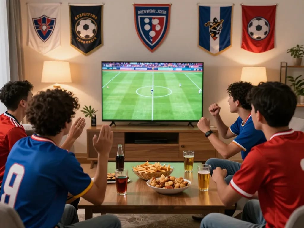 Cá độ bóng đá experience with friends cheering for their teams in a vibrant living room.