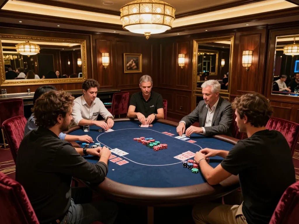 Engaged players strategizing at a high-stakes poker table in an exclusive OK365 casino