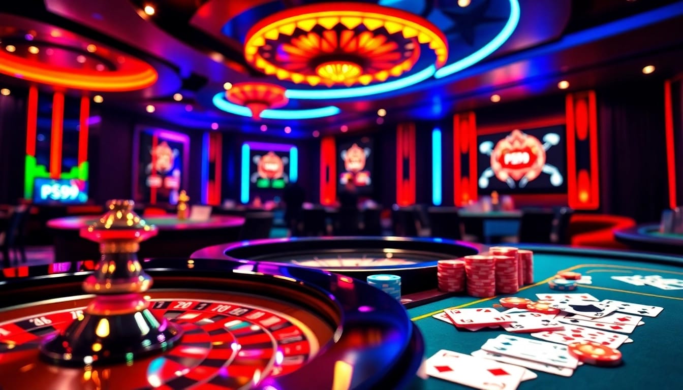 Engage with PS99's thrilling casino experience featuring a roulette wheel and poker action.