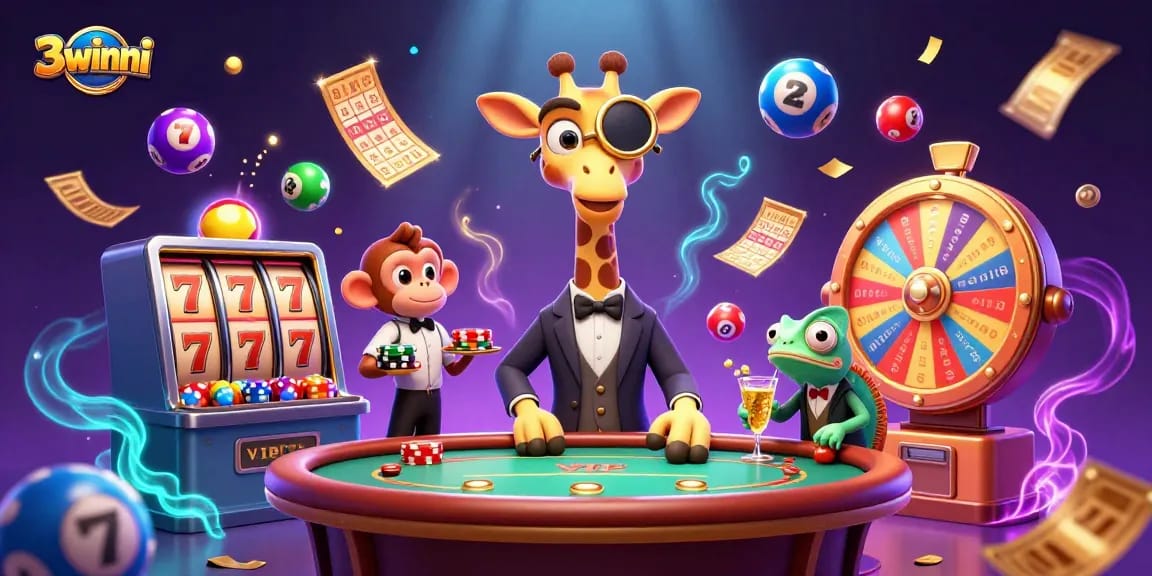 Experience the excitement of 3winni with a high-roller giraffe and vibrant gaming elements.