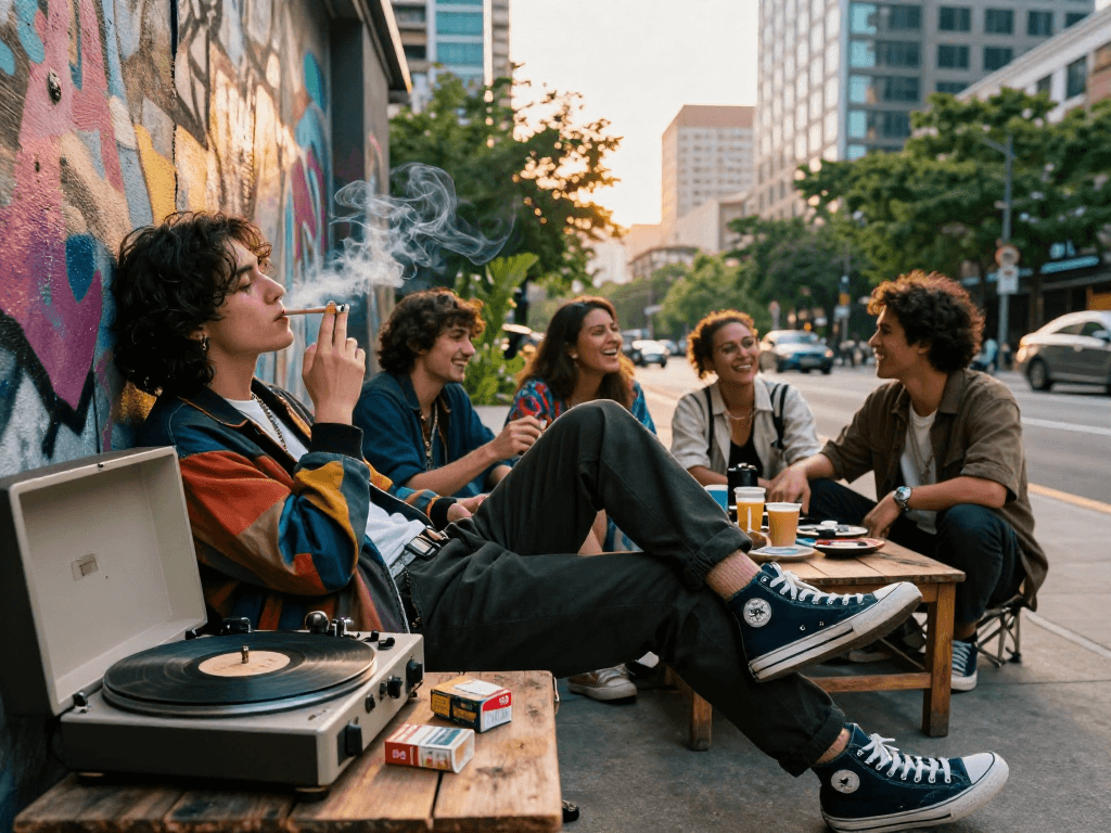 Stylish individual enjoying rokok88 cigarettes in an urban lifestyle scene with friends, graffiti backdrop, and vintage elements.
