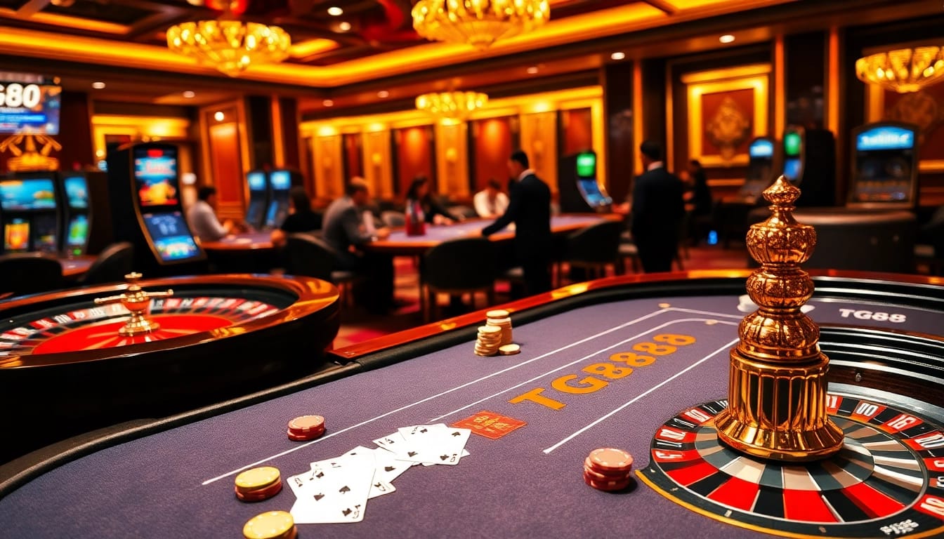 Players enjoying an exciting game at TG88 casino, vibrant tables with poker chips and cards.