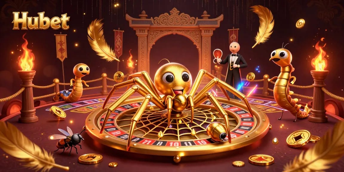 Place bets at Hubet's roulette with a golden spider and centipede croupier in a 3D illustration.