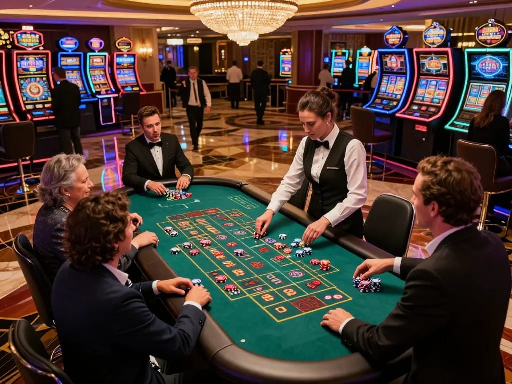 Experience the excitement at 98win vin roulette table with vibrant players and dazzling lights.