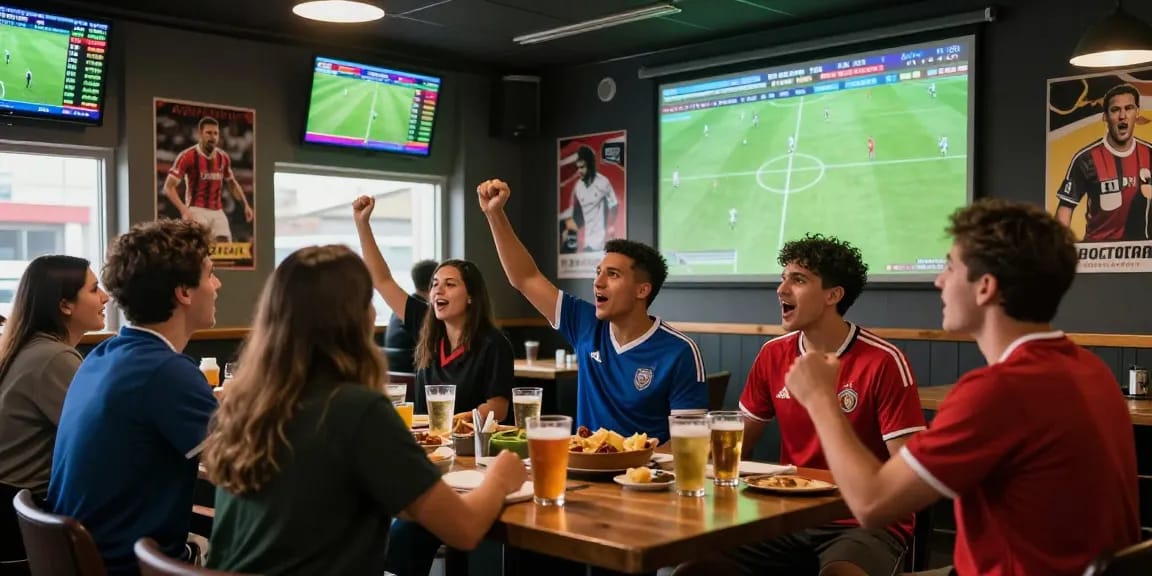 Exciting scene of fans engaging with kèo nhà cái at a sports bar with football on screens.