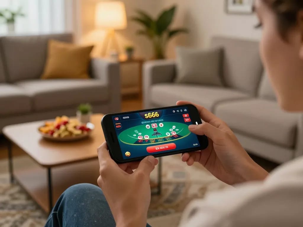 s666 mobile gameplay on a smartphone in a cozy home environment with snacks