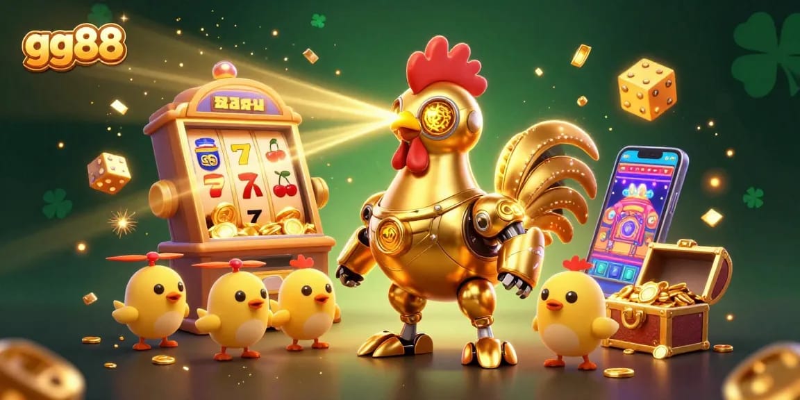Experience the thrill of gg88 as a golden rooster robot leads baby chick drones in a vibrant casino scene with jackpots bursting!