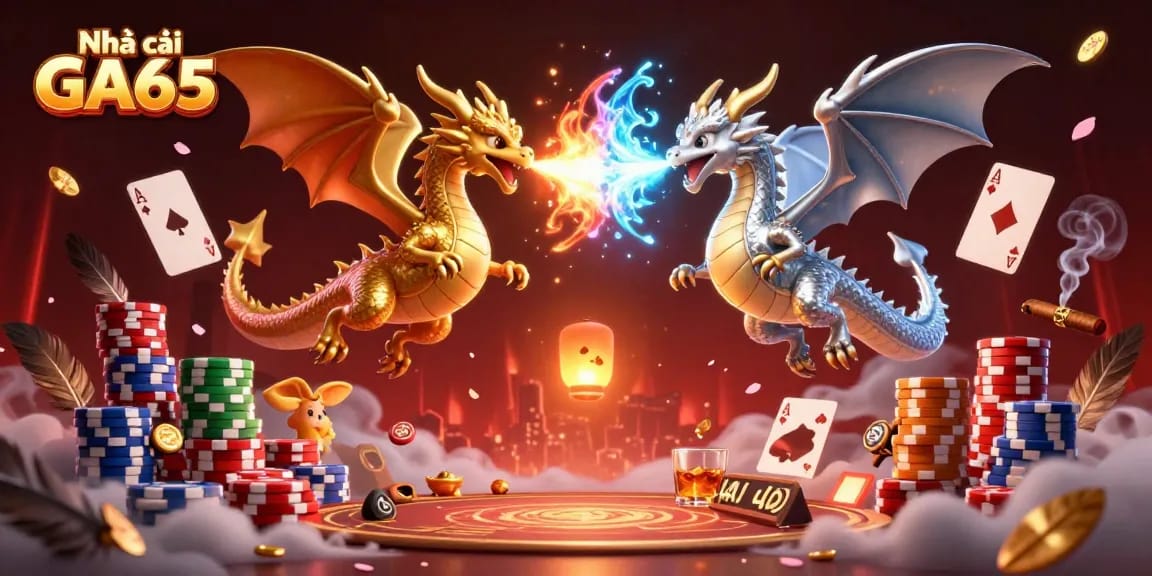Engage in thrilling cockfighting at Nhà cái GA65, featuring dynamic dragons and vibrant casino elements.