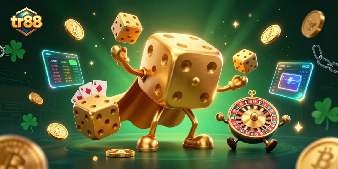 Join the excitement at tr88 with this vibrant 3D casino scene featuring golden dice and crypto symbols.