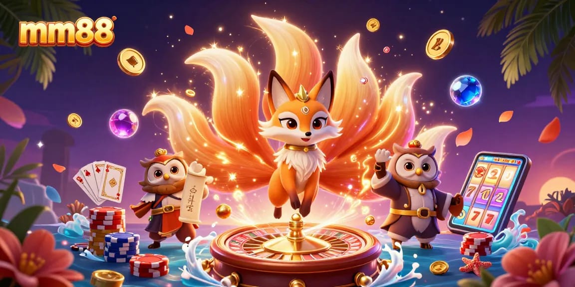 Join the mm88 adventure with a glowing fox spirit and wise owl at a vibrant casino.