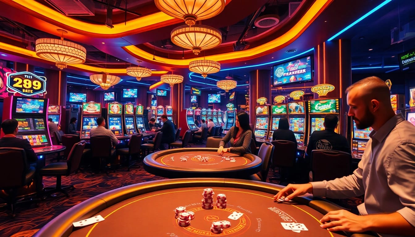 Engaging casino gaming scene illustrating dynamic betting activities at https://789beta2.com/ with poker tables and slot machines.