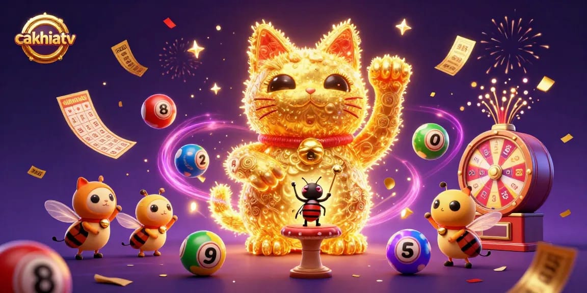 Cakhiatv showcases a dynamic scene with a golden lucky cat and vibrant casino symbols, enhancing betting excitement.