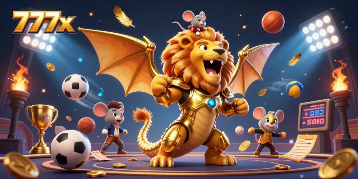 Experience thrilling wins at 777x with a dynamic casino scene featuring 3D sports balls and golden elements.