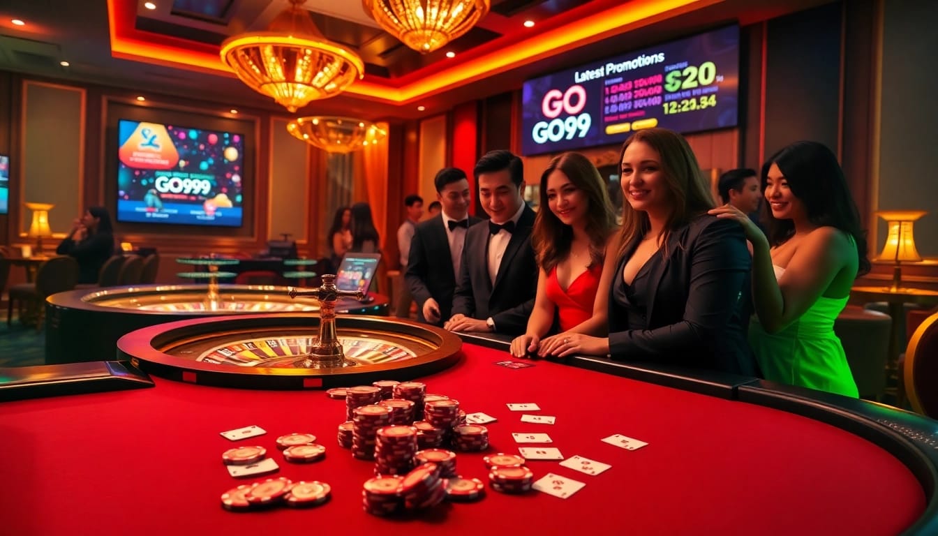 Players enjoying a thrilling game at GO99 casino, surrounded by vibrant poker chips and cards.