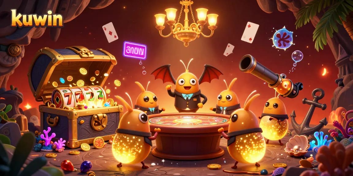 Kuwin lights up a vibrant casino cave with animated glowworms and dynamic slot game elements.