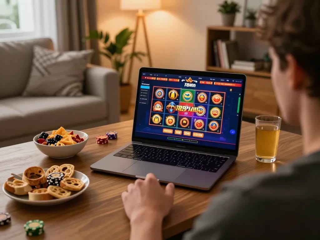 Playing on 789win casino app from a cozy living room, showcasing relaxed online gambling.