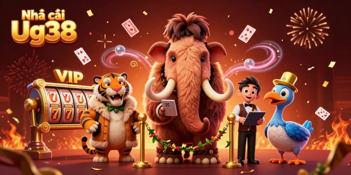 Engage with Nhà cái Ug38 at a vibrant casino scene featuring playful characters and exciting gaming elements.