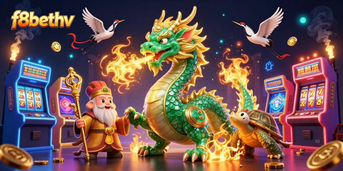 Experience the excitement of f8bethv with a vibrant casino scene featuring a majestic dragon and gaming elements.