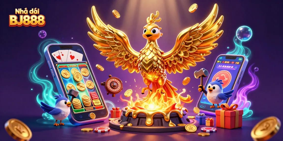Engage with the captivating scene showcasing Nhà cái BJ888's dynamic gambling elements and thrilling games.