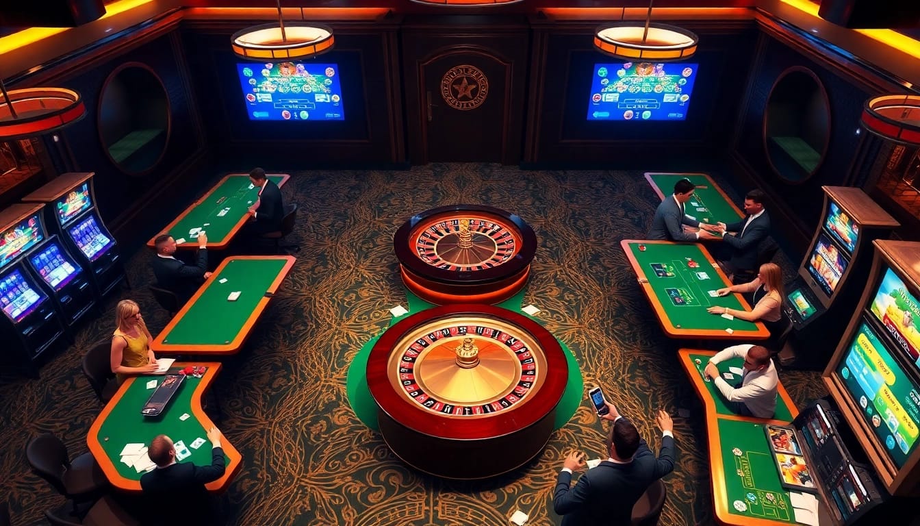 Experience the excitement of nohu90 at a vibrant online casino with roulette and slot machines.