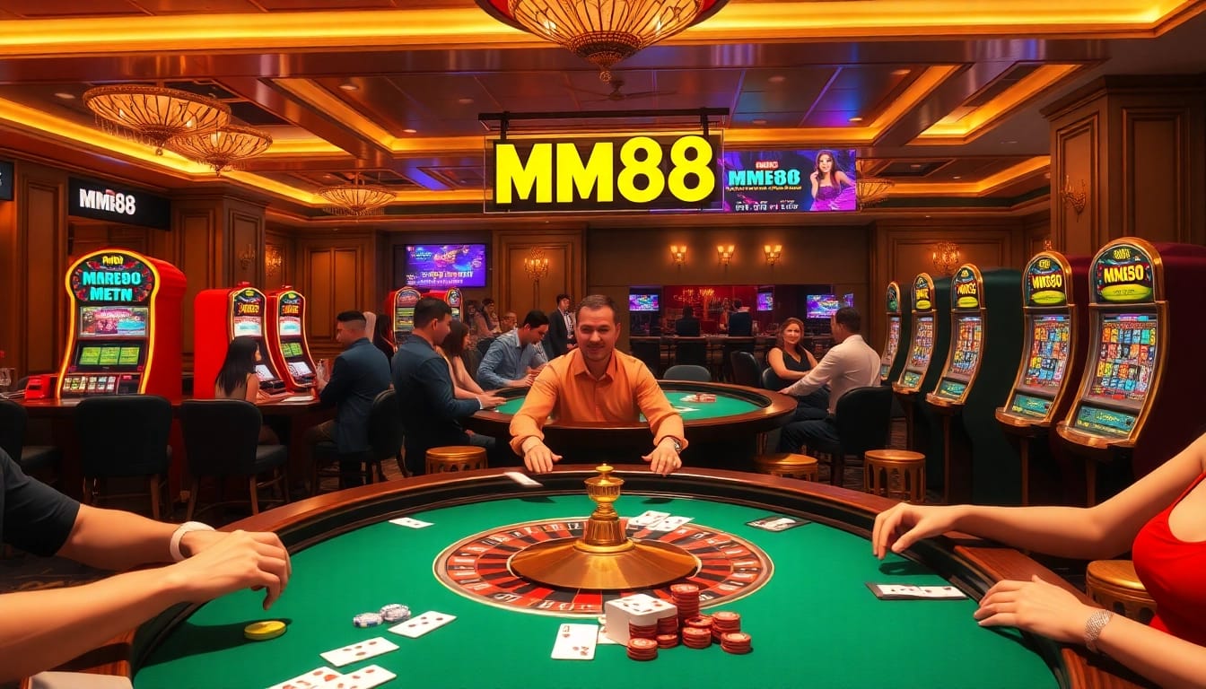 Experience the thrill of play at MM88 with vibrant casino gaming visuals, showcasing roulette and poker.