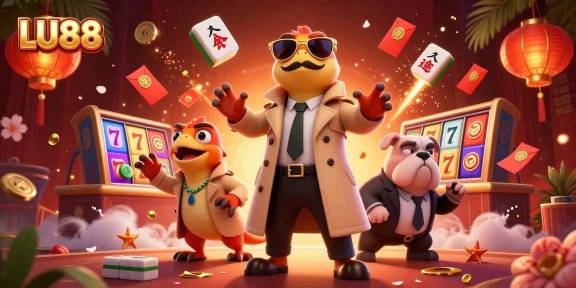Enjoy the thrilling LU88 experience in a vibrant casino scene with dynamic raptors and game elements.