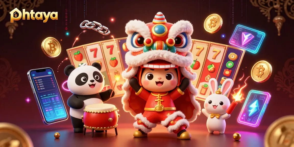 PHTAYA elevated gaming experience with a vibrant lion dance, slots, and crypto elements.