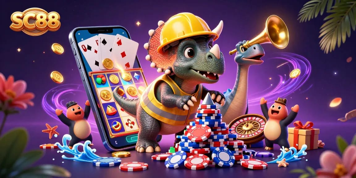 Engaging SC88 casino illustration showcasing a triceratops and parasaurolophus amidst dynamic game elements.