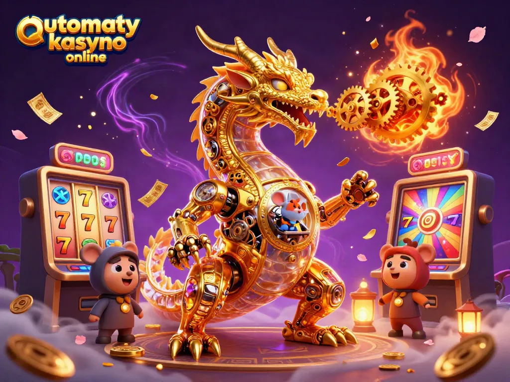 Engage with automaty kasyno online gameplay featuring a dynamic scene of a dragon and mouse alongside colorful slot reels and winning elements.