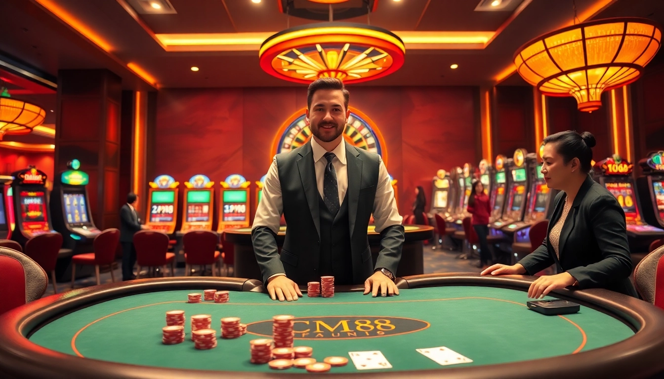 Exciting poker game at CM88 casino with vibrant chips and lavish atmosphere.