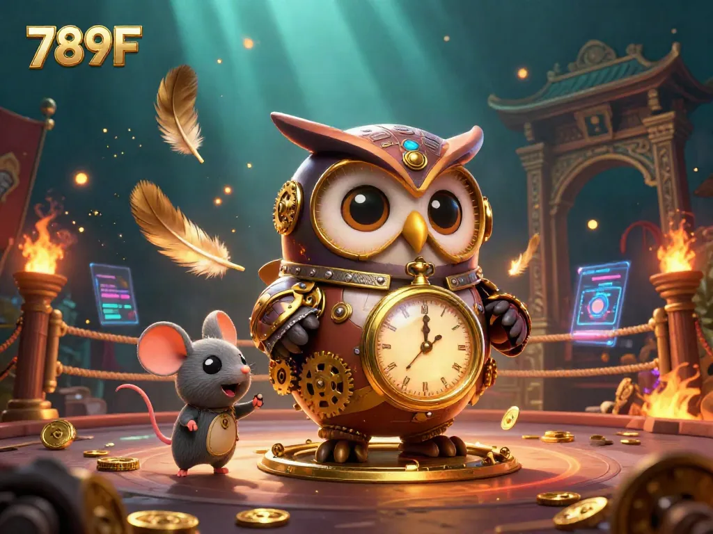 Experience thrilling games at 789F with a playful owl and steampunk elements amidst a vibrant casino scene.