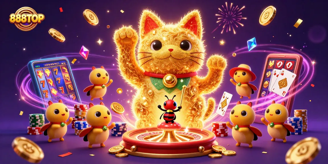 Experience winning at 888TOP with vibrant casino symbols and a lucky cat illustration.