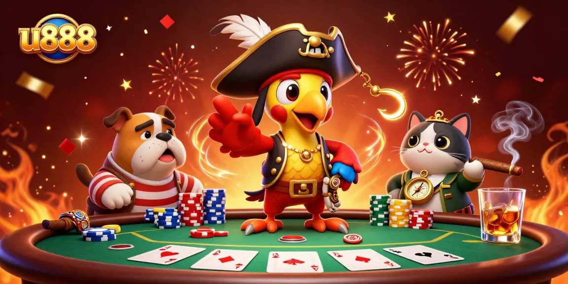 Engage in vibrant casino action with u888's animated pirate-themed characters and poker elements.