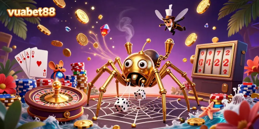 Experience thrilling gameplay with vuabet88's dynamic casino scene filled with golden coins and engaging characters.