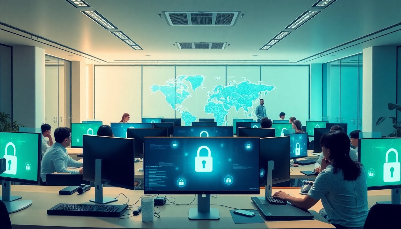 Visual representation of 快连官网 showcasing a modern, high-tech workspace with individuals using devices for global connectivity and secure internet access.