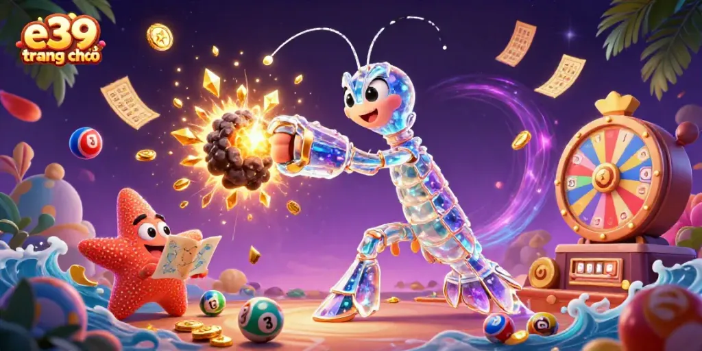 Experience the thrill of the casino with an e39 trang chủ-themed 3D illustration featuring galactic characters and vibrant game elements.