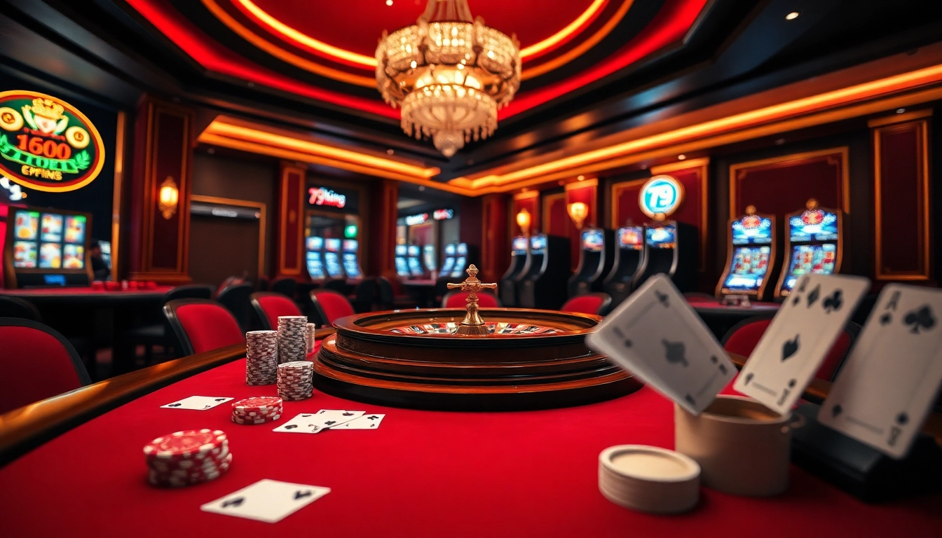 Experience the excitement of gambling at 79king with poker chips and a roulette wheel.