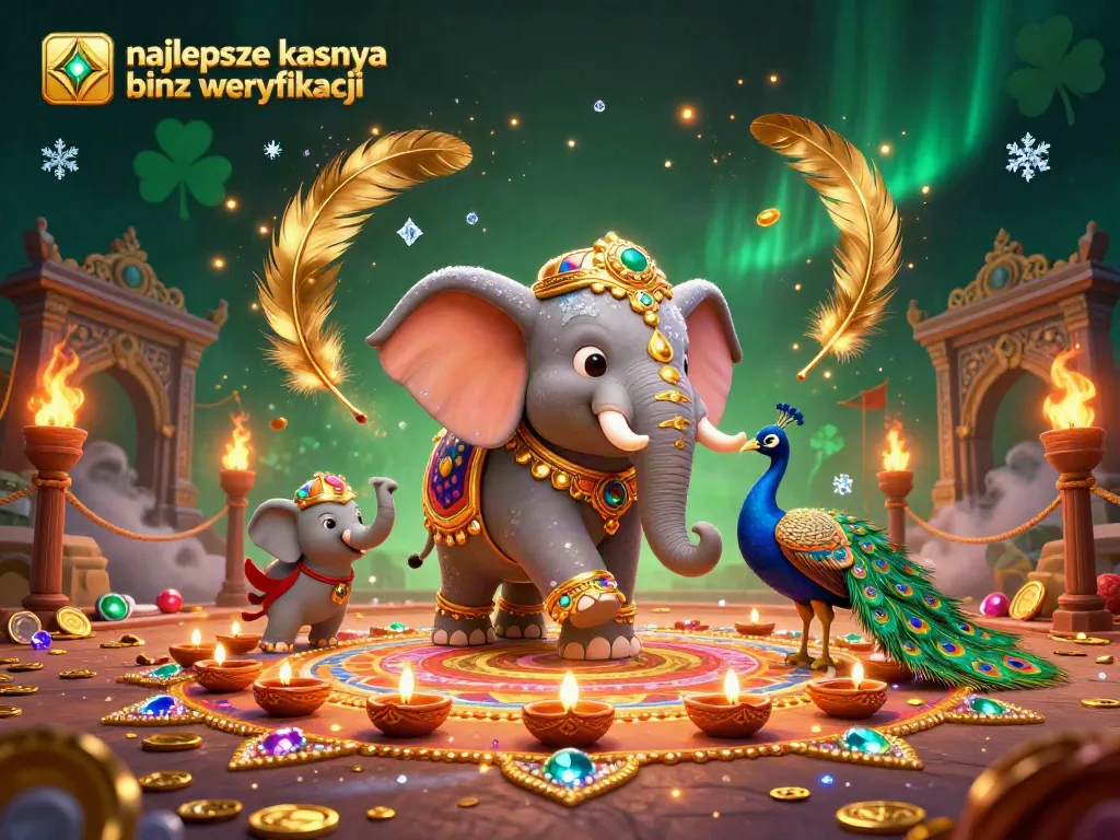 A dynamic scene showcasing the melhores kasyna bez weryfikacji with a 3D elephant and peacock surrounded by golden elements and gaming symbols.