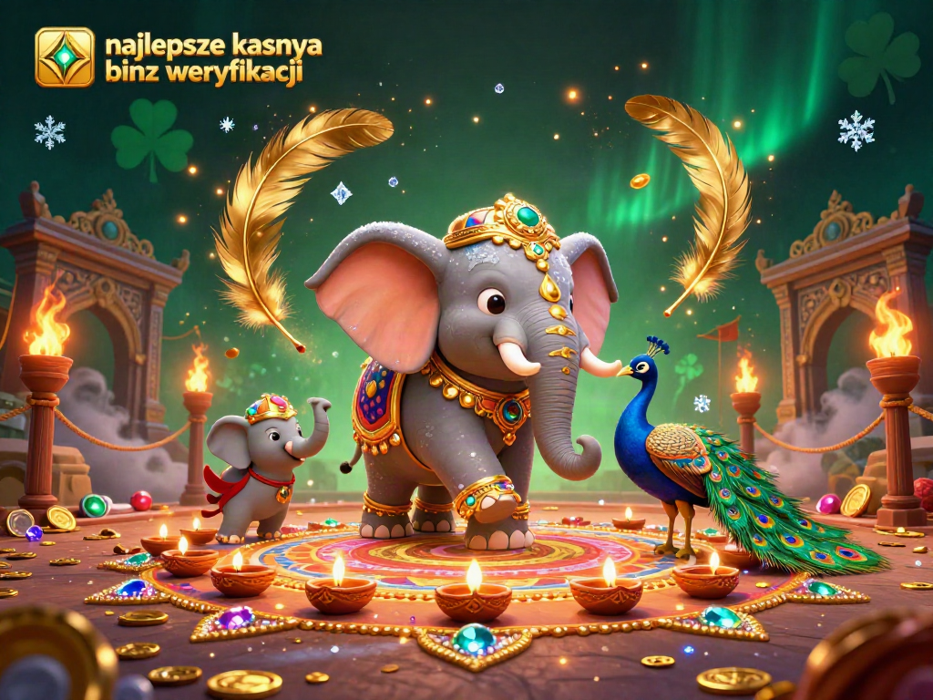 A dynamic scene showcasing the melhores kasyna bez weryfikacji with a 3D elephant and peacock surrounded by golden elements and gaming symbols.
