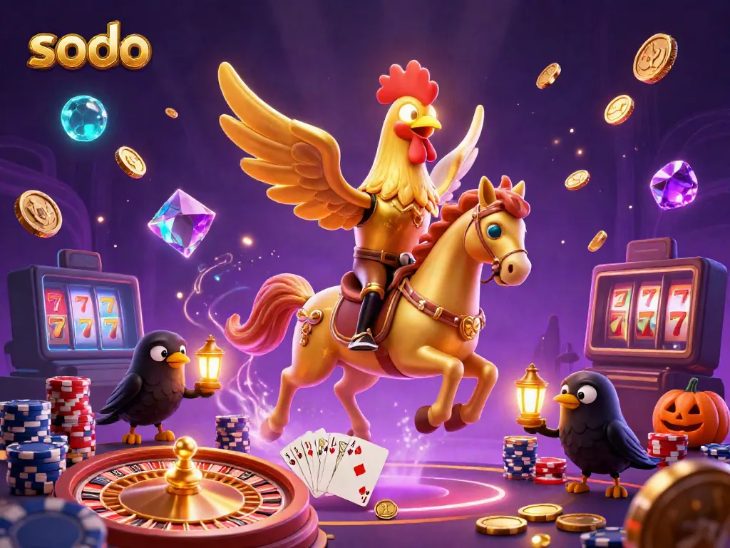 Engage in thrilling sodo gaming with a vibrant 3D casino scene featuring golden rooster and crow companions.