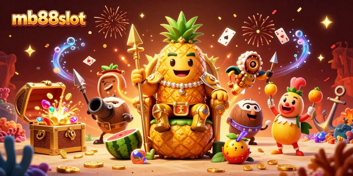 Explore thrilling action at mb88slot with a vibrant scene of a golden pineapple king and vibrant casino elements.