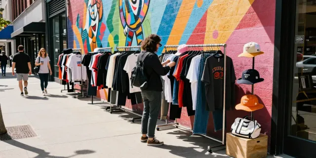 A stylish person exploring outlet clothing options in a vibrant urban setting, reflecting the excitement of outlet odzież hurt shopping.