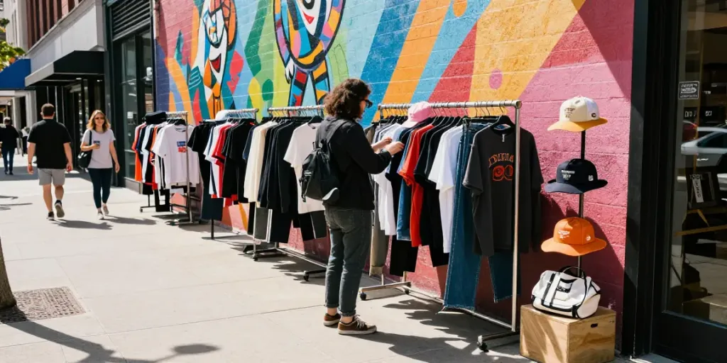 A stylish person exploring outlet clothing options in a vibrant urban setting, reflecting the excitement of outlet odzież hurt shopping.