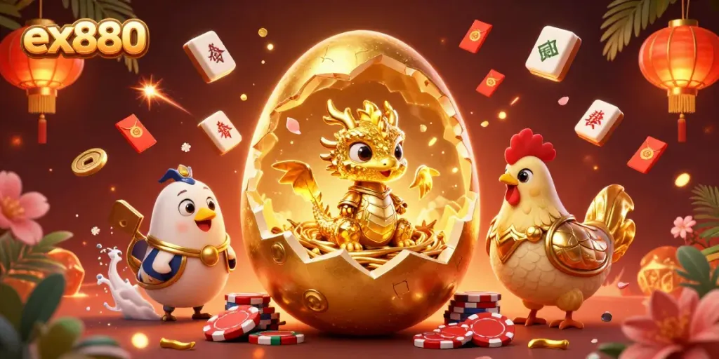Spin the reels with ex880 and witness a golden dragon emerge from a nest of poker chips.