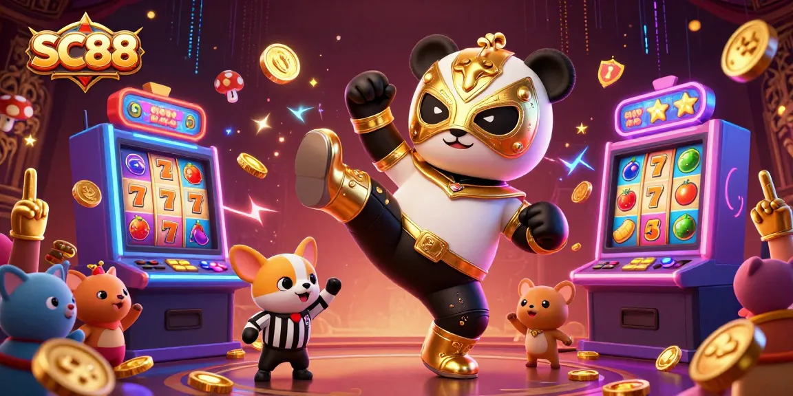 Experience thrilling slot action with SC88 as a panda wrestler takes a flying kick amidst excited spectators.