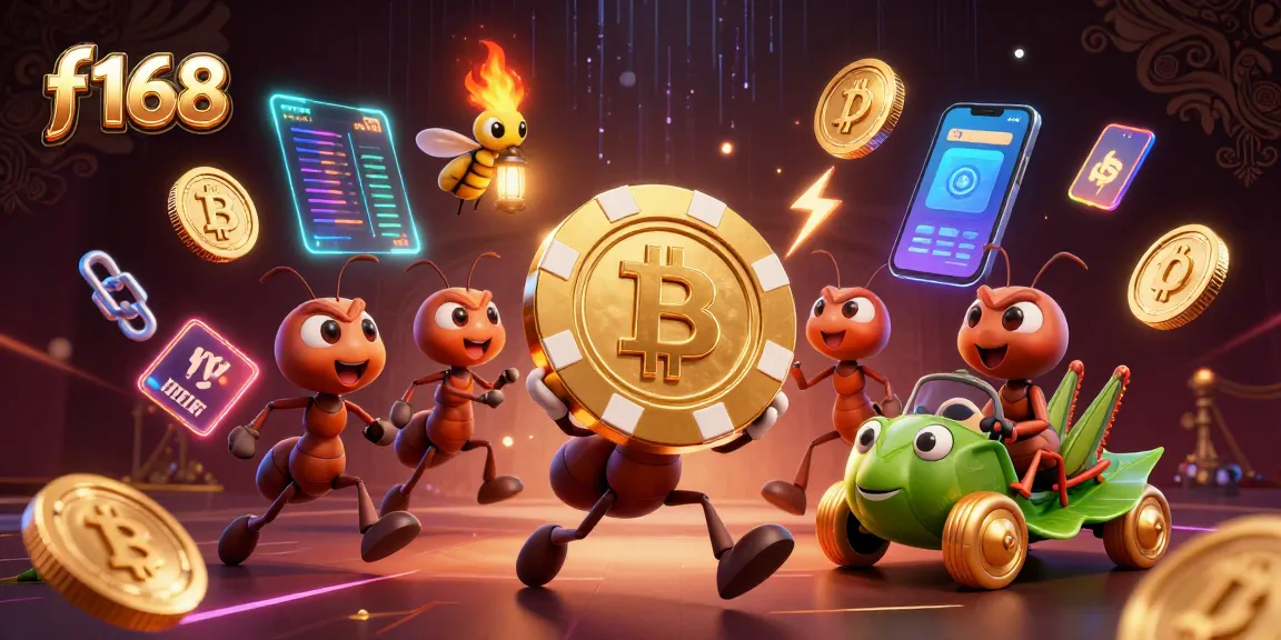 Engage with f168 as ants execute a heist with a golden poker chip amidst vibrant online casino themes.
