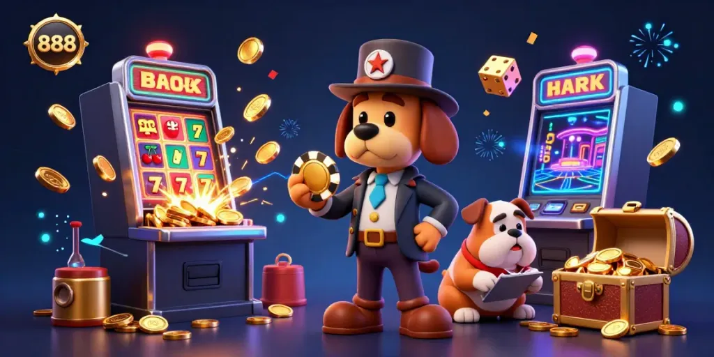 Engage in thrilling gaming action with tk 888 as a detective examines poker chips in a vibrant casino scene.